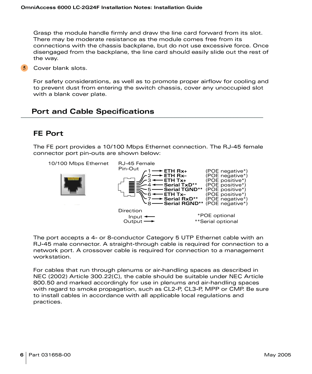 Alcatel Carrier Internetworking Solutions 6000 OAW-LC-2G24F installation instructions Port and Cable Specifications FE Port 