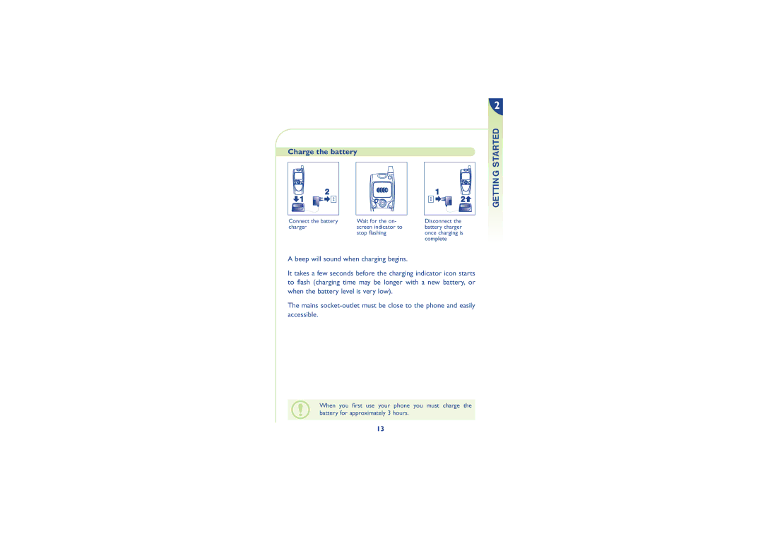 Alcatel Carrier Internetworking Solutions One Touch 500, 700, 701, 501 manual Getting Started, Charge the battery 