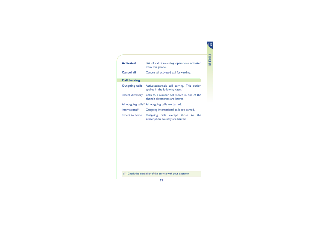 Alcatel Carrier Internetworking Solutions 700, 701, One Touch 500 Menu, Activated, Cancel all, Call barring Outgoing calls 