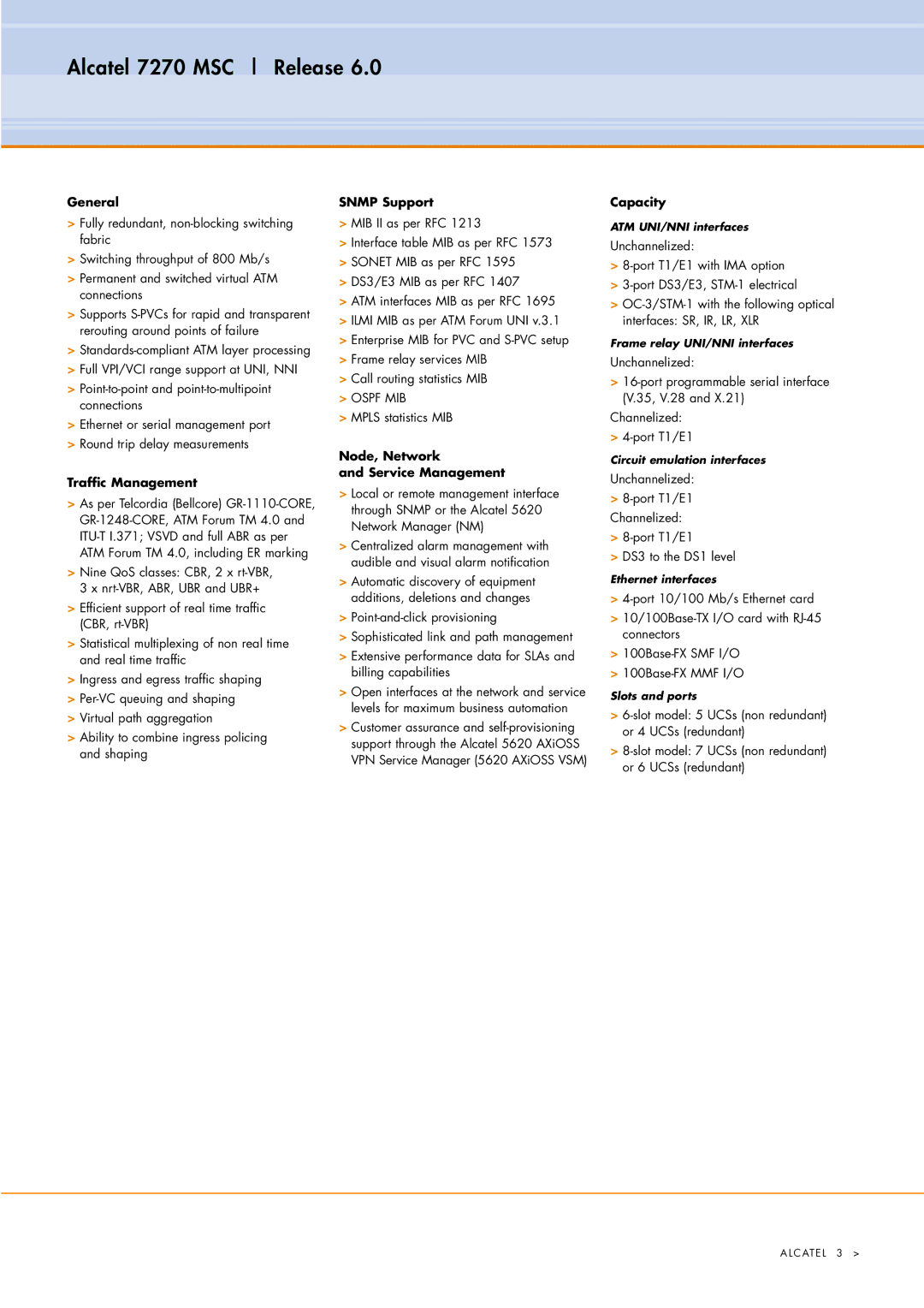 Alcatel Carrier Internetworking Solutions 7270 MSC manual General, Trafﬁc Management, Snmp Support, Capacity 