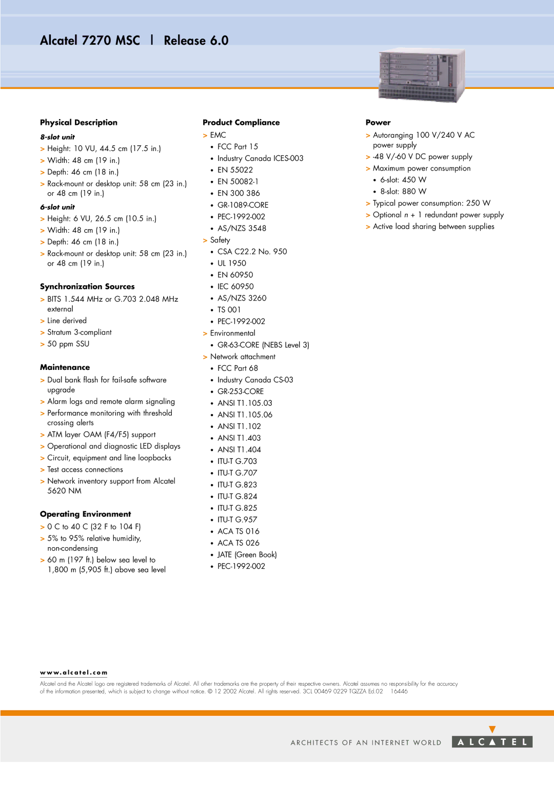 Alcatel Carrier Internetworking Solutions 7270 MSC manual Physical Description, Synchronization Sources, Maintenance, Power 