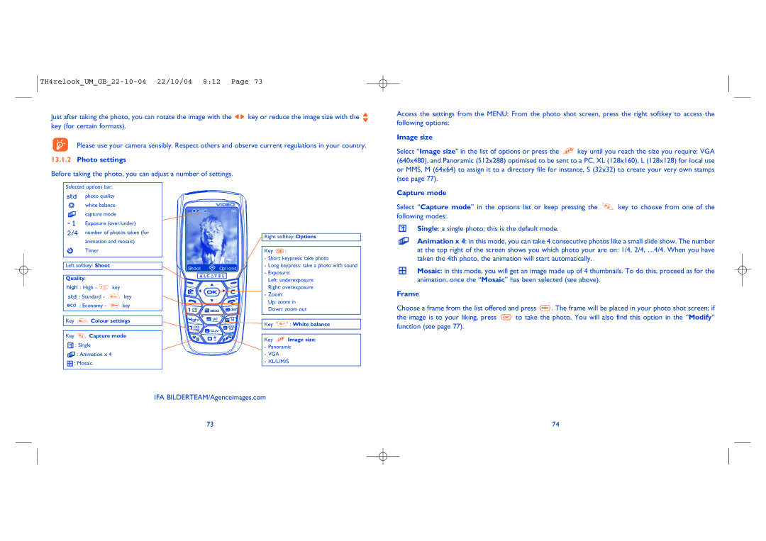 Alcatel Carrier Internetworking Solutions 757 manual Photo settings, Image size, Capture mode, Frame 