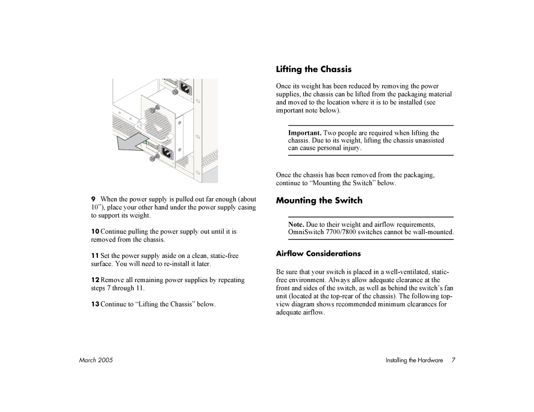 Alcatel Carrier Internetworking Solutions 7700, 7800 manual Lifting the Chassis, Mounting the Switch, Airflow Considerations 