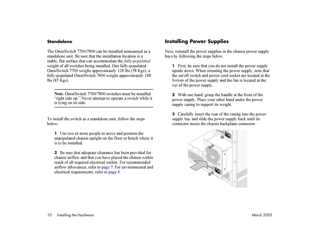 Alcatel Carrier Internetworking Solutions 7800, 7700 manual Installing Power Supplies, Standalone 