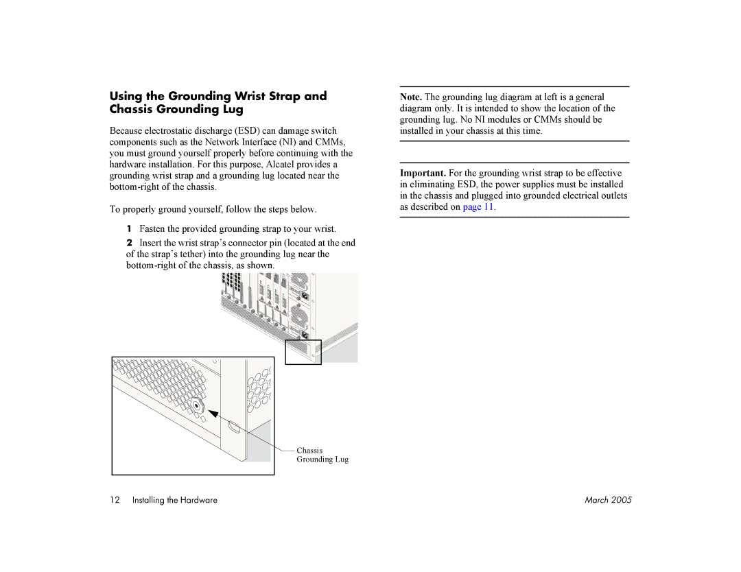 Alcatel Carrier Internetworking Solutions 7800, 7700 manual Using the Grounding Wrist Strap and Chassis Grounding Lug 