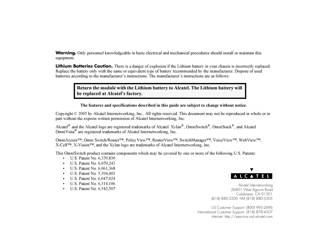 Alcatel Carrier Internetworking Solutions 7800, 7700 manual Patent No ,542,507 