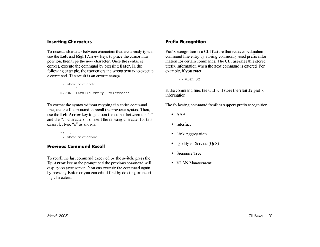 Alcatel Carrier Internetworking Solutions 7700, 7800 Inserting Characters, Previous Command Recall, Prefix Recognition 