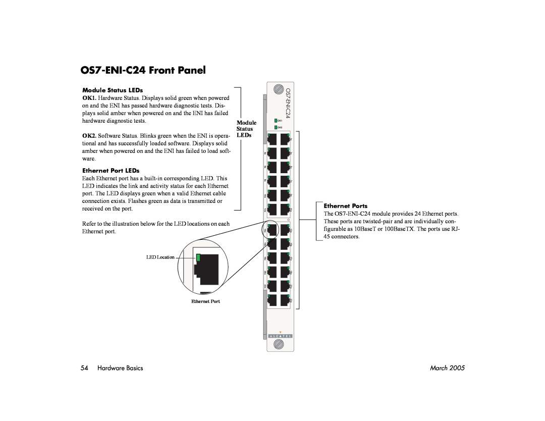 Alcatel Carrier Internetworking Solutions 7800 OS7-ENI-C24 Front Panel, Module Status LEDs, Ethernet Port LEDs, March 