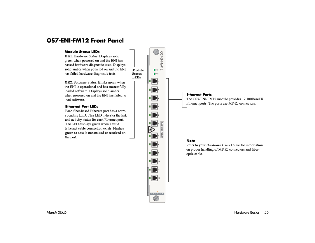 Alcatel Carrier Internetworking Solutions 7700 OS7-ENI-FM12 Front Panel, Module Status LEDs, Ethernet Port LEDs, March 