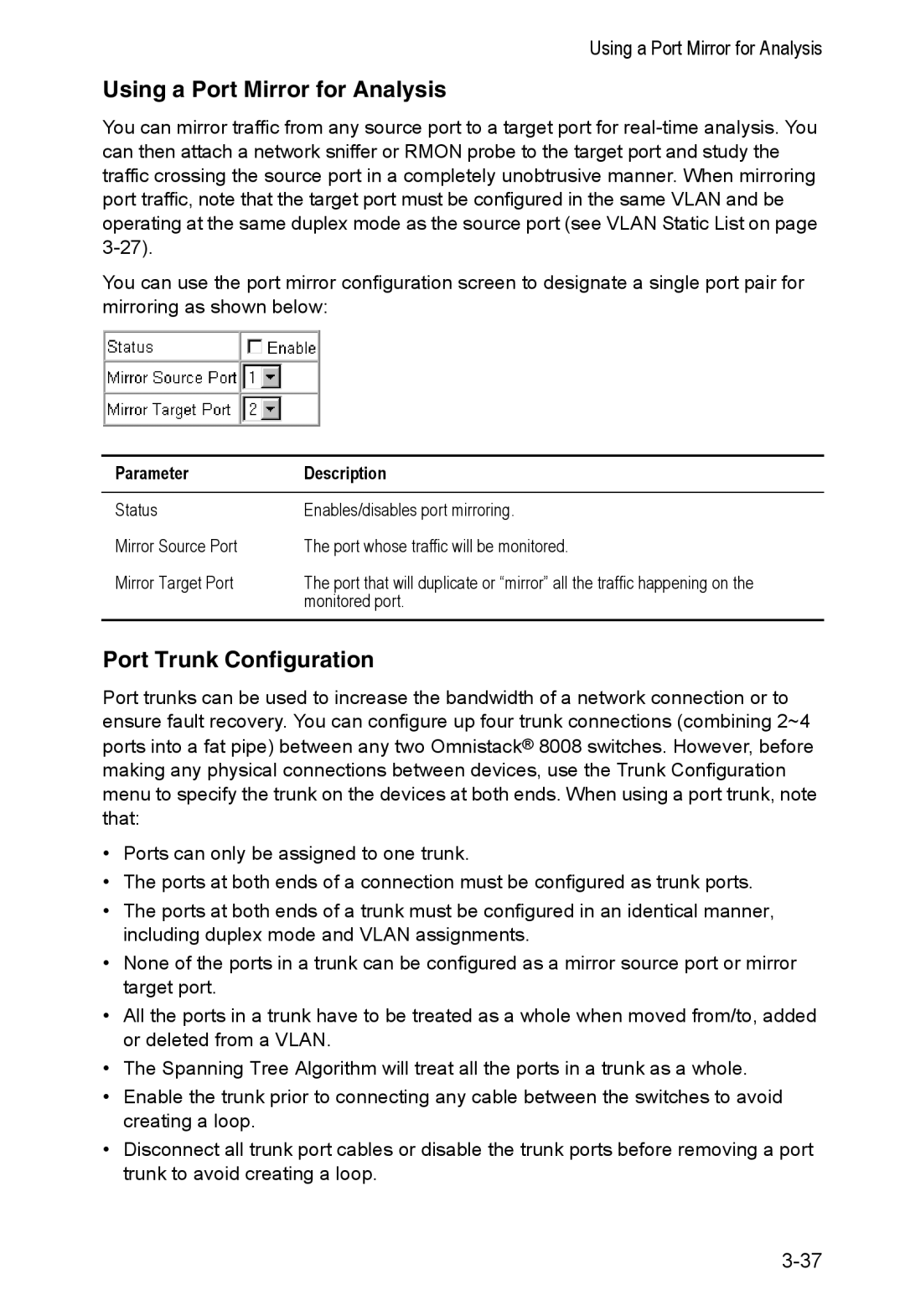 Alcatel Carrier Internetworking Solutions 8008 manual Using a Port Mirror for Analysis, Port Trunk Configuration 