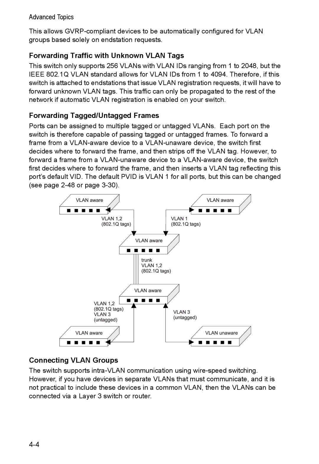 Alcatel Carrier Internetworking Solutions 8008 manual Forwarding Traffic with Unknown Vlan Tags, Connecting Vlan Groups 