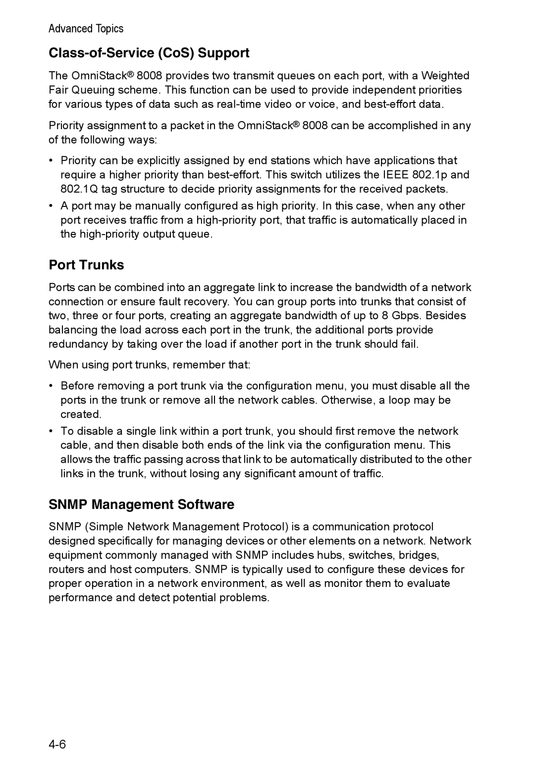 Alcatel Carrier Internetworking Solutions 8008 manual Class-of-Service CoS Support, Port Trunks, Snmp Management Software 