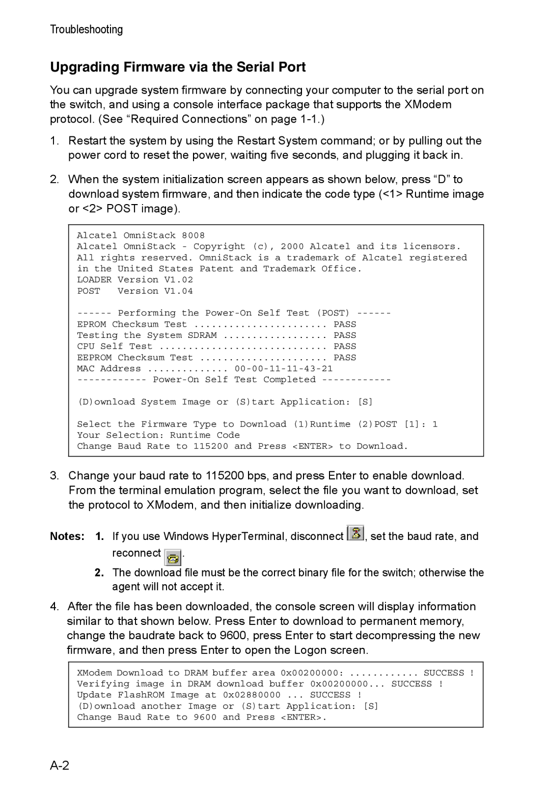 Alcatel Carrier Internetworking Solutions 8008 manual Upgrading Firmware via the Serial Port 