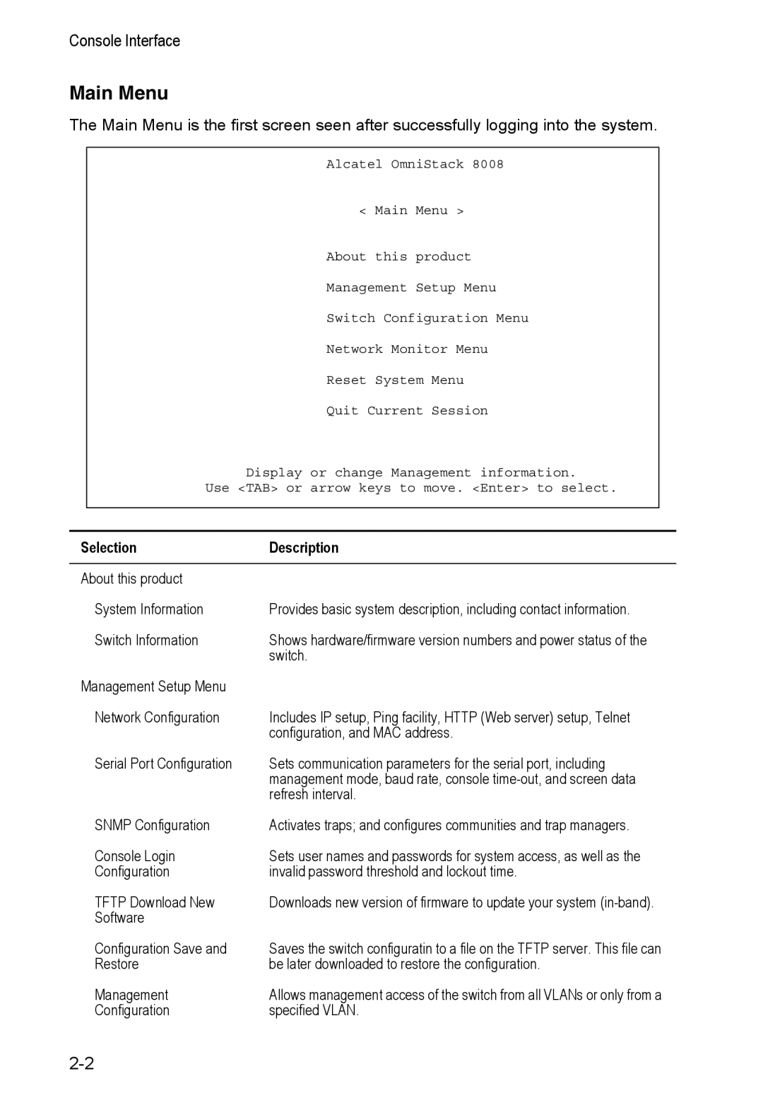 Alcatel Carrier Internetworking Solutions 8008 manual Main Menu, Selection Description 