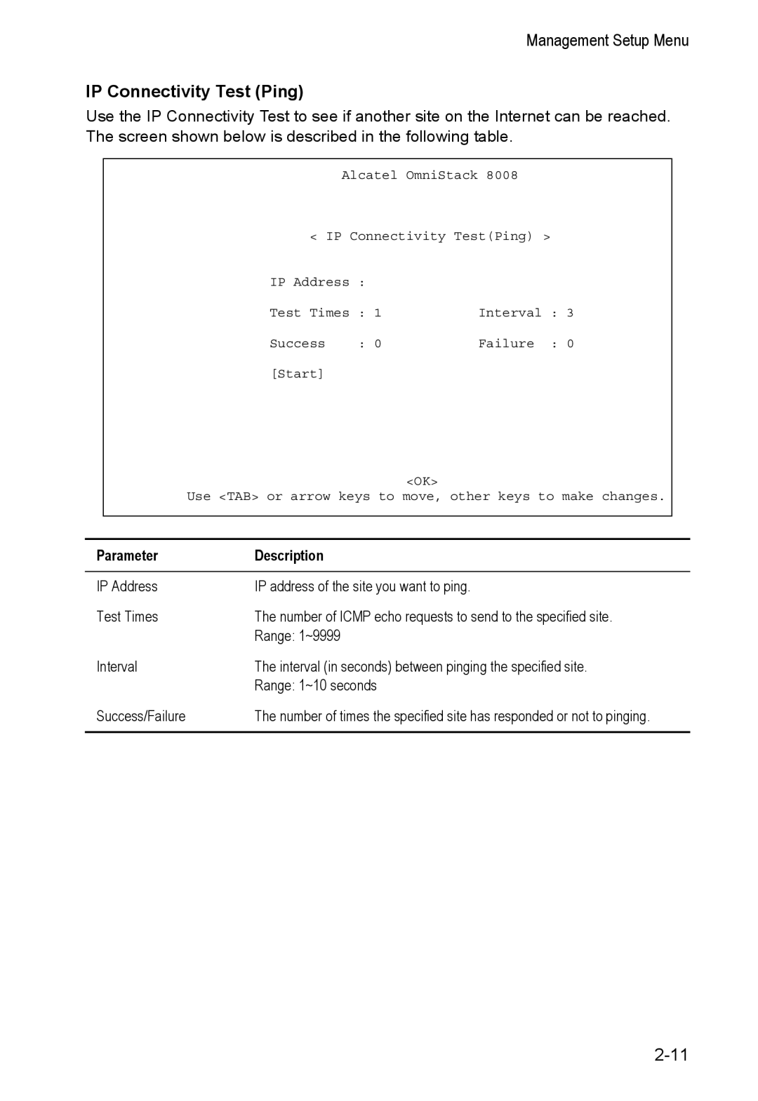 Alcatel Carrier Internetworking Solutions 8008 manual IP Connectivity Test Ping, Parameter Description 