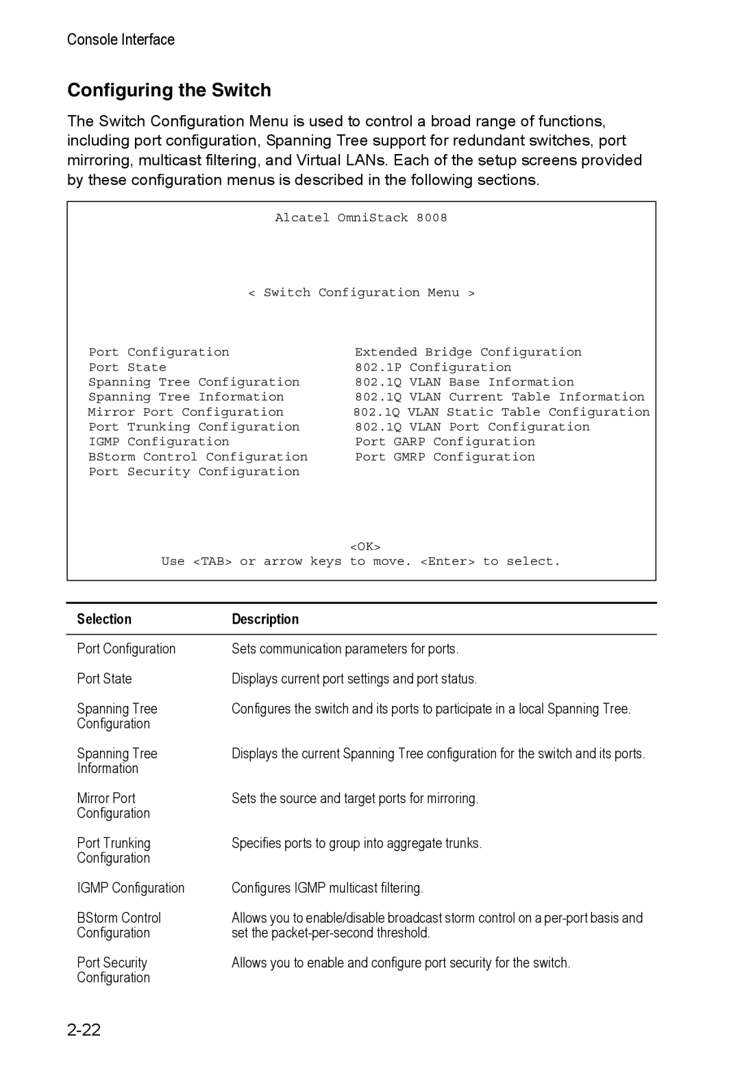 Alcatel Carrier Internetworking Solutions 8008 manual Configuring the Switch, Selection Description 