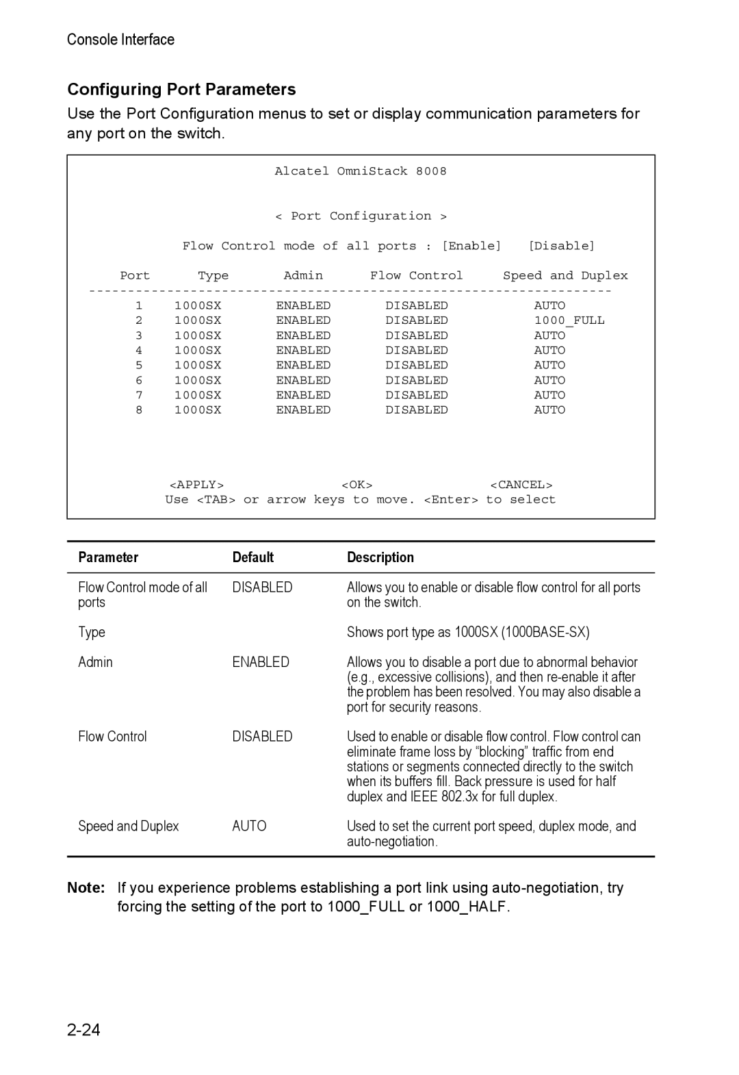 Alcatel Carrier Internetworking Solutions 8008 manual Configuring Port Parameters, Disabled, Enabled, Auto 