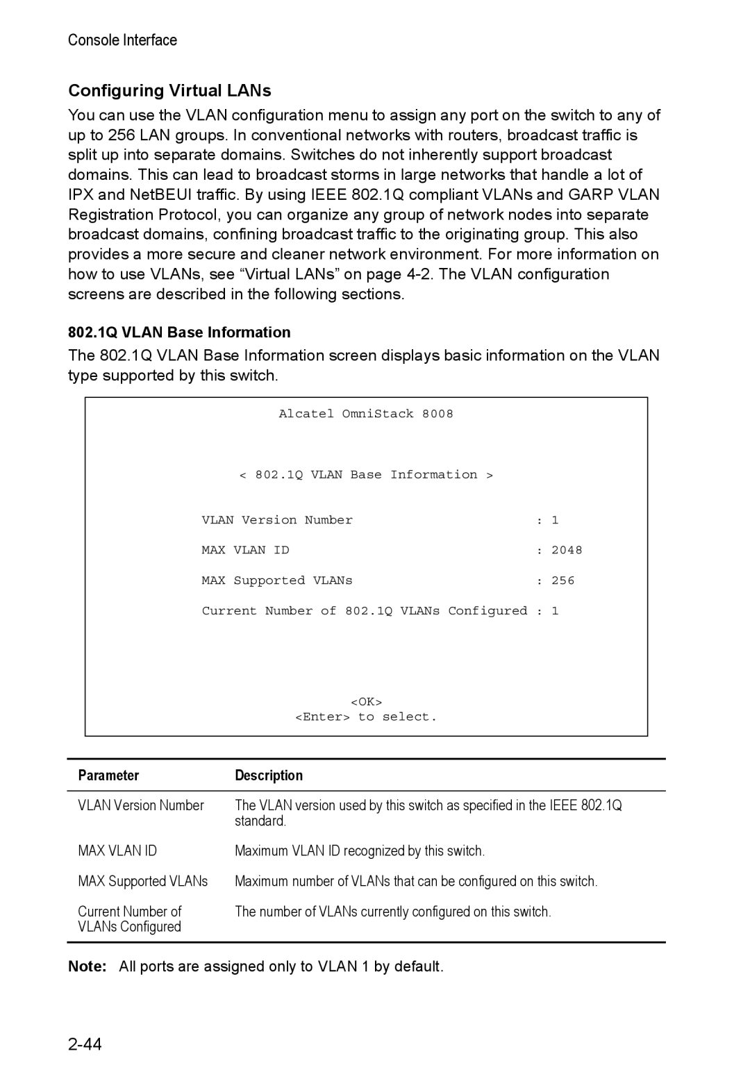 Alcatel Carrier Internetworking Solutions 8008 manual Configuring Virtual LANs, 802.1Q Vlan Base Information, MAX Vlan ID 