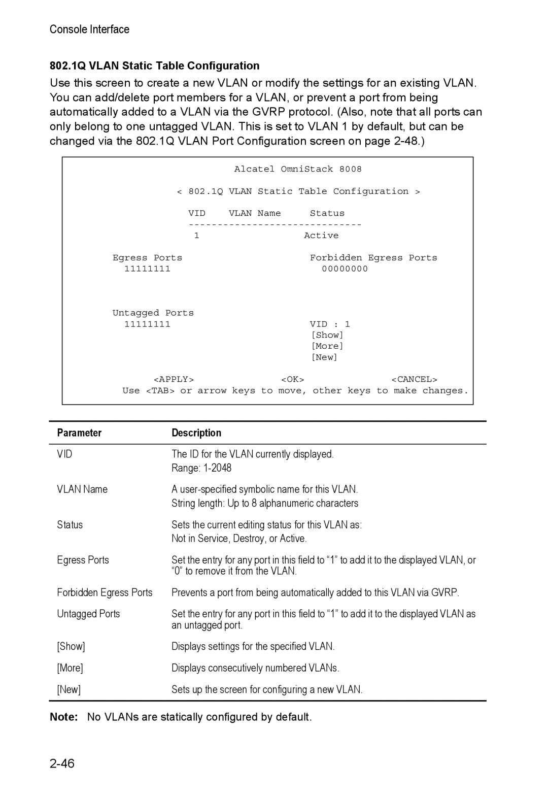 Alcatel Carrier Internetworking Solutions 8008 manual 802.1Q Vlan Static Table Configuration 