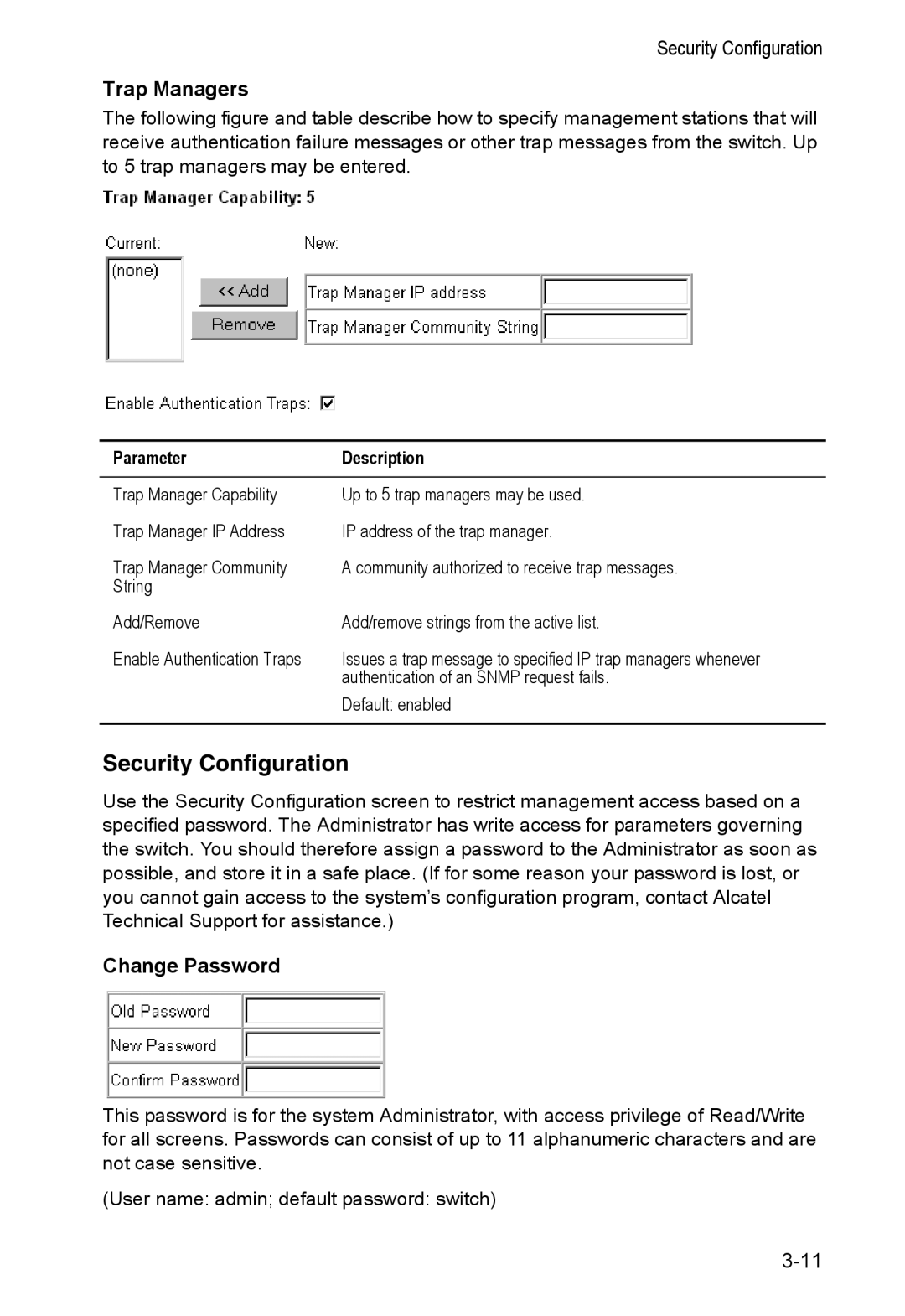 Alcatel Carrier Internetworking Solutions 8008 manual Security Configuration, Trap Managers, Change Password 