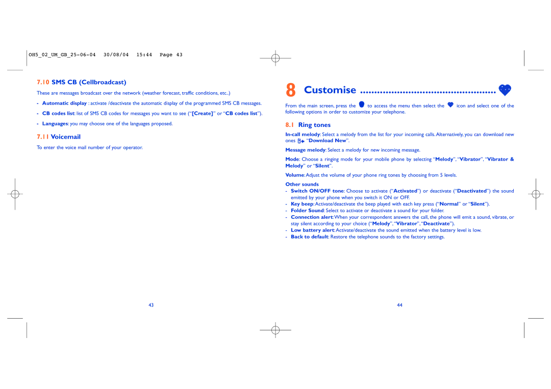 Alcatel Carrier Internetworking Solutions 835 manual Customise, SMS CB Cellbroadcast, Voicemail, Ring tones 