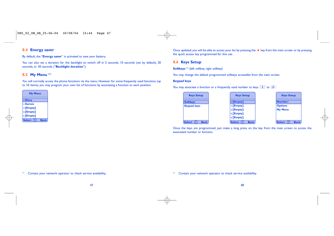 Alcatel Carrier Internetworking Solutions 835 manual Energy saver, My Menu, Keys Setup, Keypad keys 