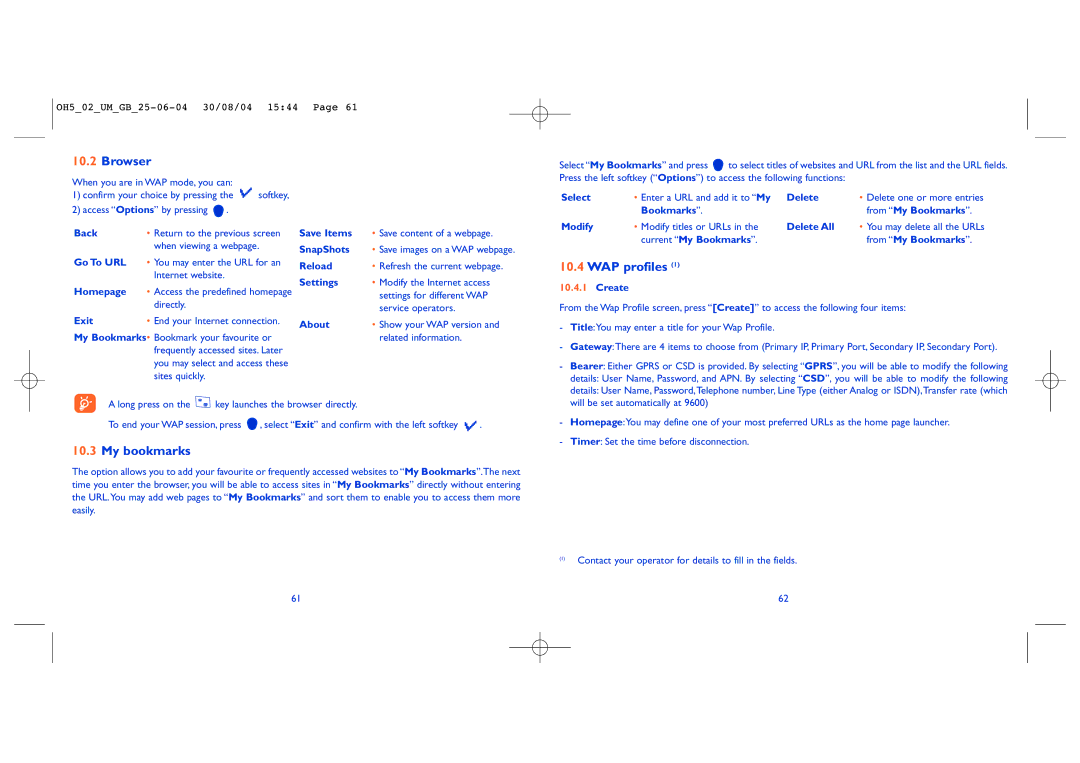 Alcatel Carrier Internetworking Solutions 835 manual Browser, WAP profiles, My bookmarks 