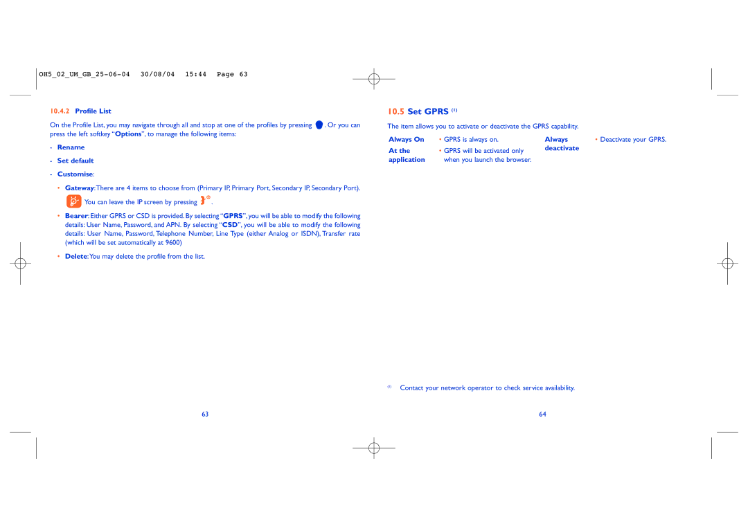 Alcatel Carrier Internetworking Solutions 835 manual Set Gprs, Profile List, Rename Set default Customise 