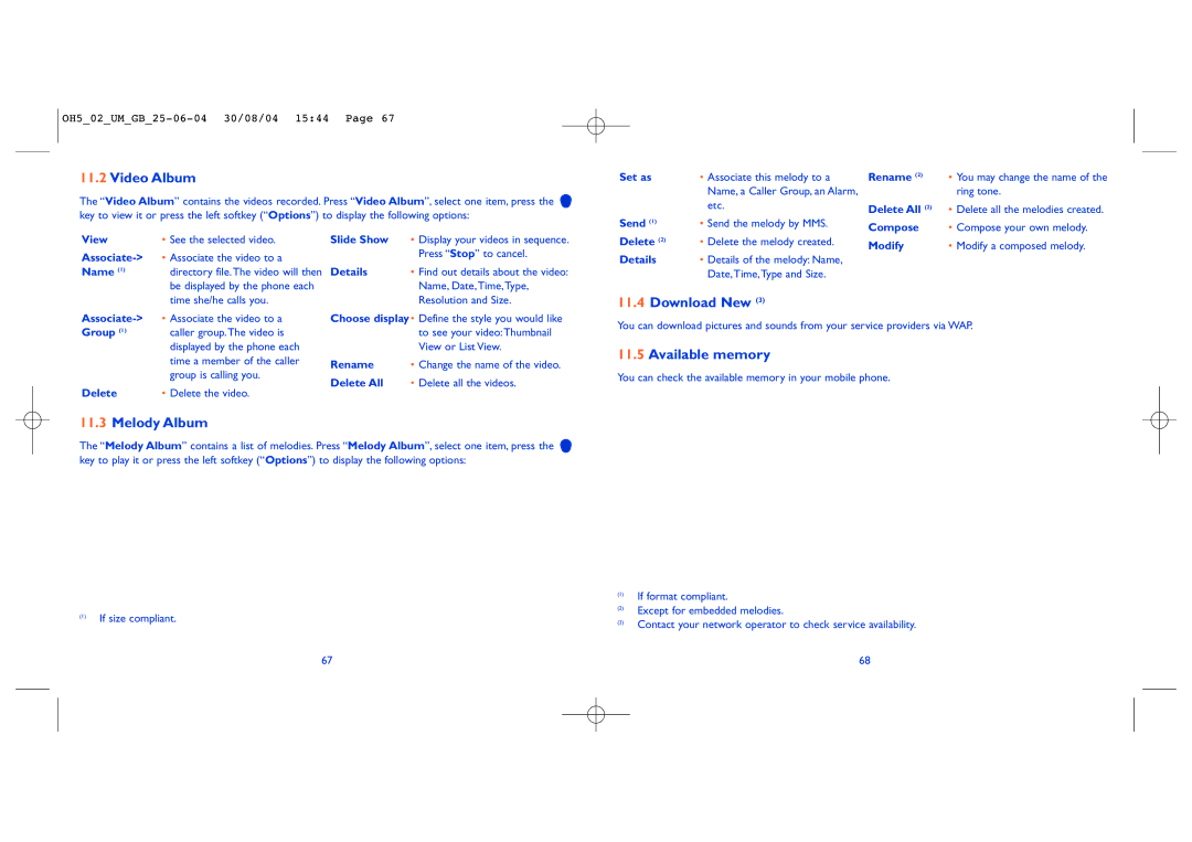 Alcatel Carrier Internetworking Solutions 835 manual Video Album, Download New, Available memory, Melody Album 