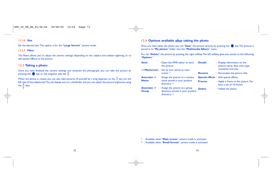 Alcatel Carrier Internetworking Solutions 835 manual Options available after taking the photo, Taking a photo, Size, Filter 