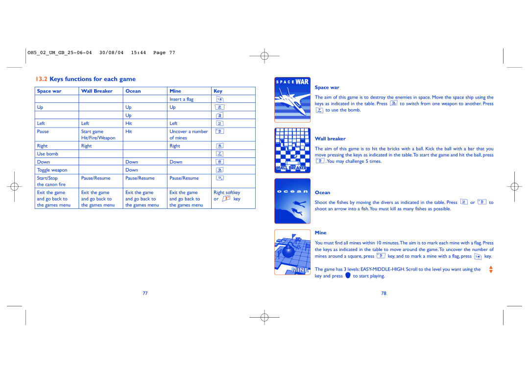 Alcatel Carrier Internetworking Solutions 835 manual Keys functions for each game, Space war Wall Breaker Ocean Mine Key 