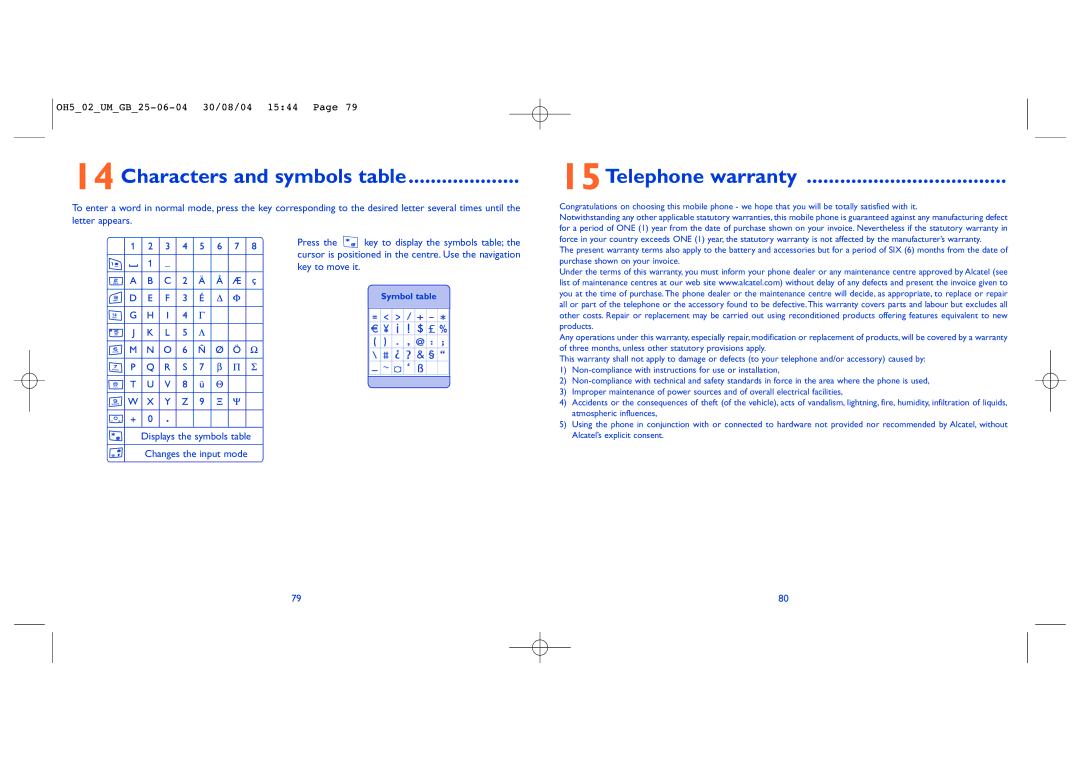 Alcatel Carrier Internetworking Solutions 835 manual Characters and symbols table, 15Telephone warranty 