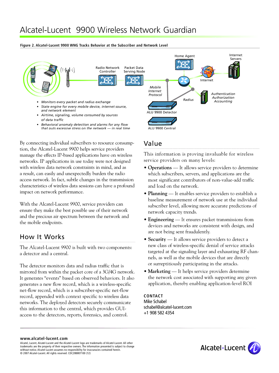 Alcatel Carrier Internetworking Solutions manual Alcatel-Lucent 9900 Wireless Network Guardian, How It Works, Value, Act 