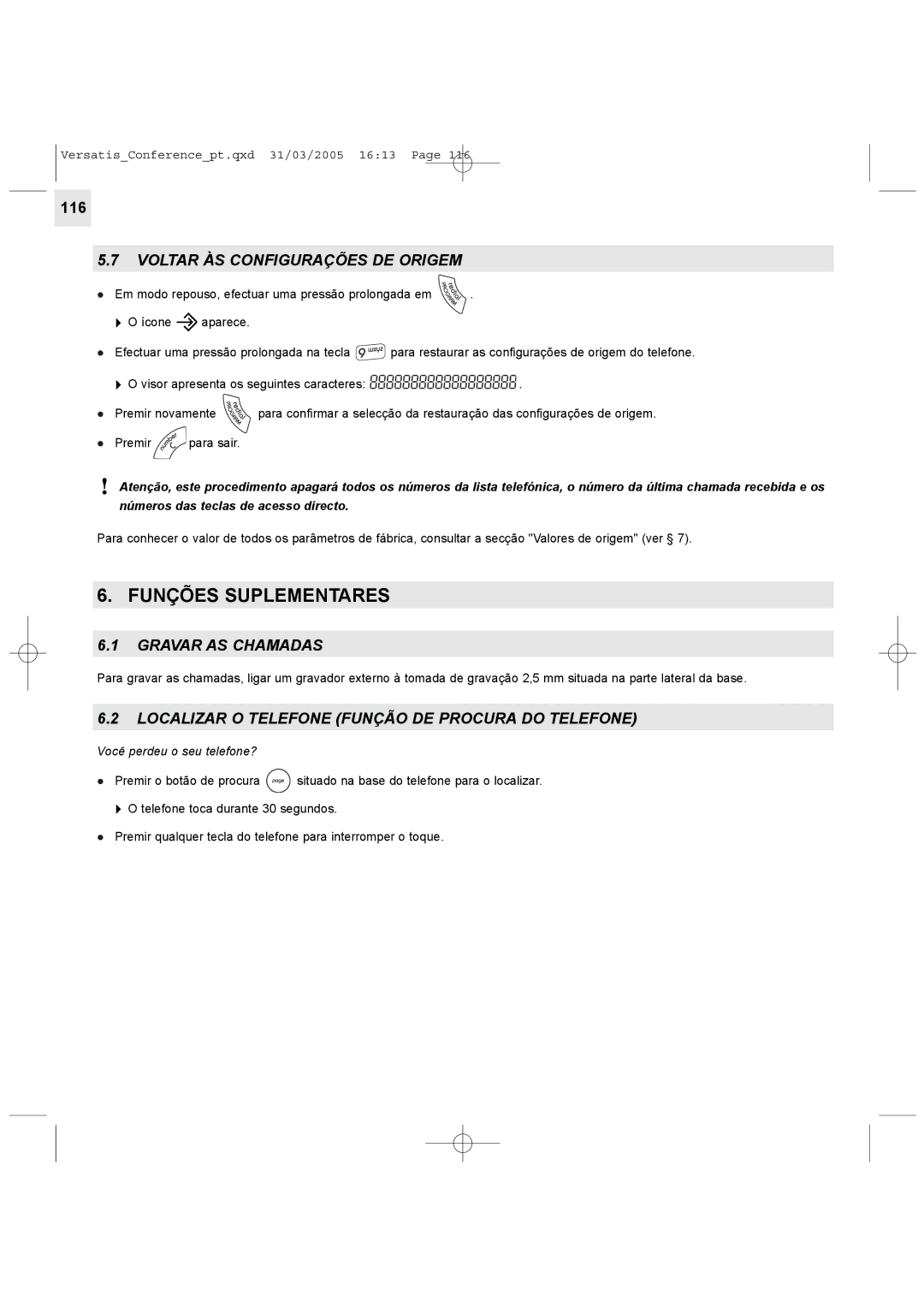 Alcatel Carrier Internetworking Solutions Conference Phone manual Funções Suplementares, Voltar ÀS Configurações DE Origem 