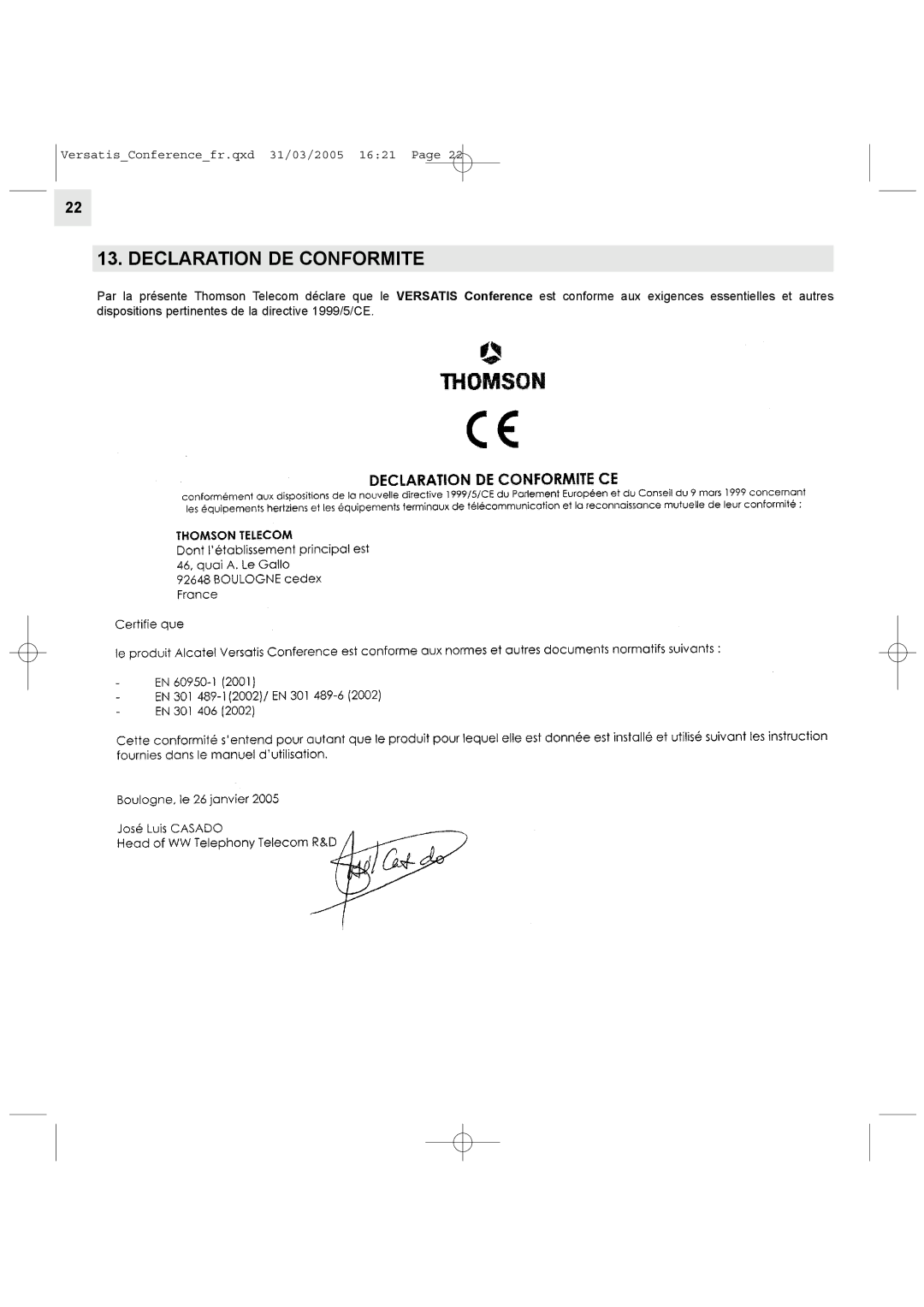 Alcatel Carrier Internetworking Solutions Conference Phone manual Declaration DE Conformite 