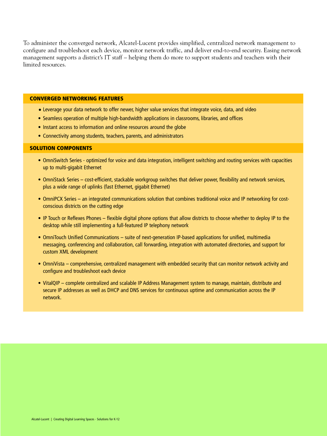 Alcatel Carrier Internetworking Solutions K-12 manual Converged Networking Features, Solution Components 