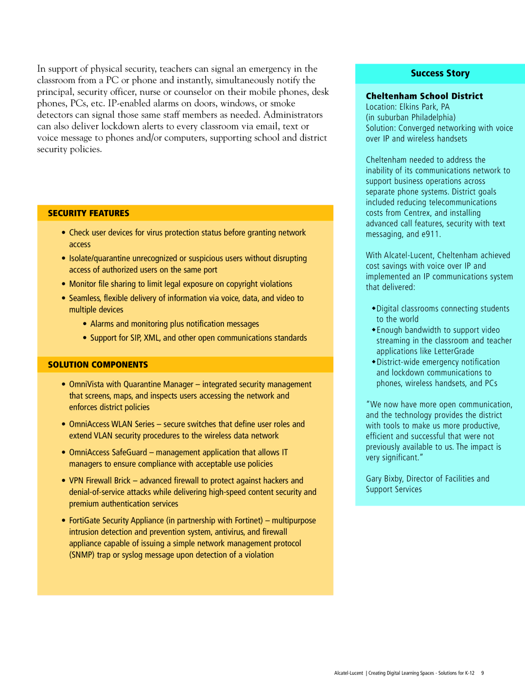 Alcatel Carrier Internetworking Solutions K-12 manual Success Story, Security Features, Cheltenham School District 