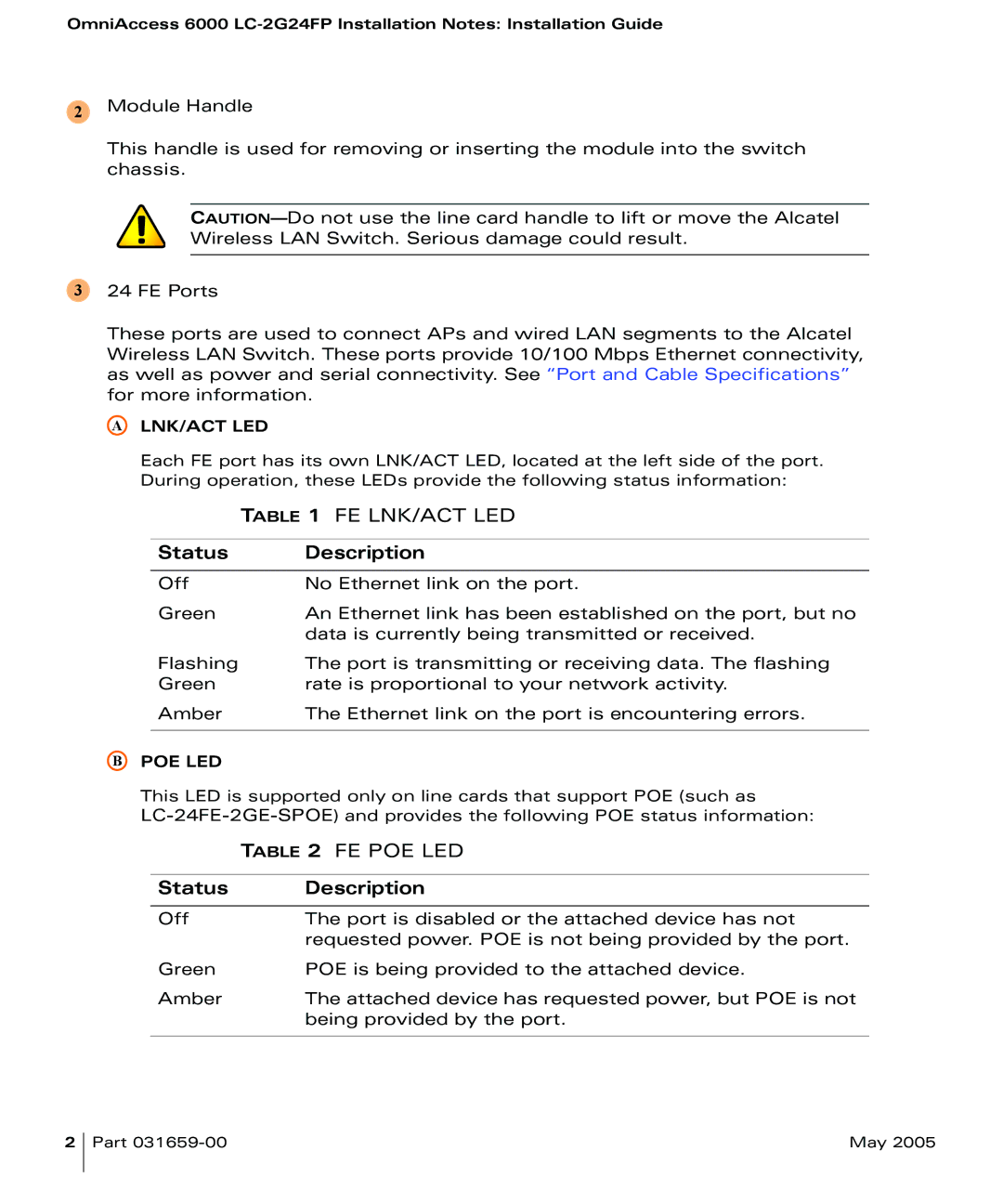 Alcatel Carrier Internetworking Solutions LC-2G24FP installation instructions Status Description 