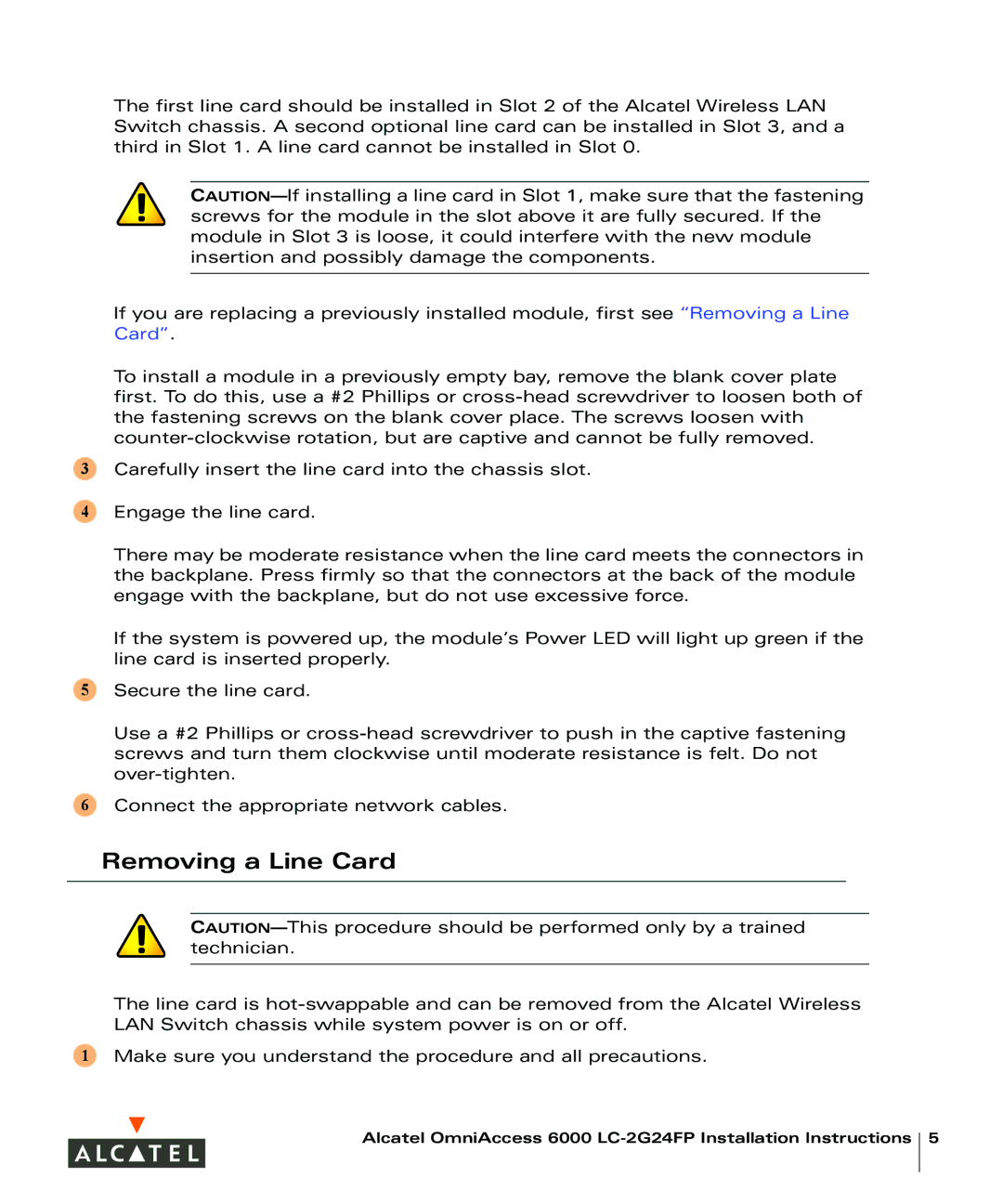 Alcatel Carrier Internetworking Solutions LC-2G24FP installation instructions Removing a Line Card 