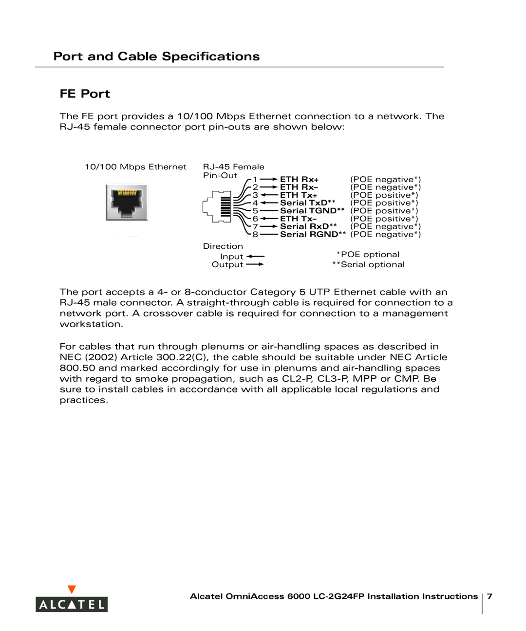 Alcatel Carrier Internetworking Solutions LC-2G24FP installation instructions Port and Cable Specifications FE Port 