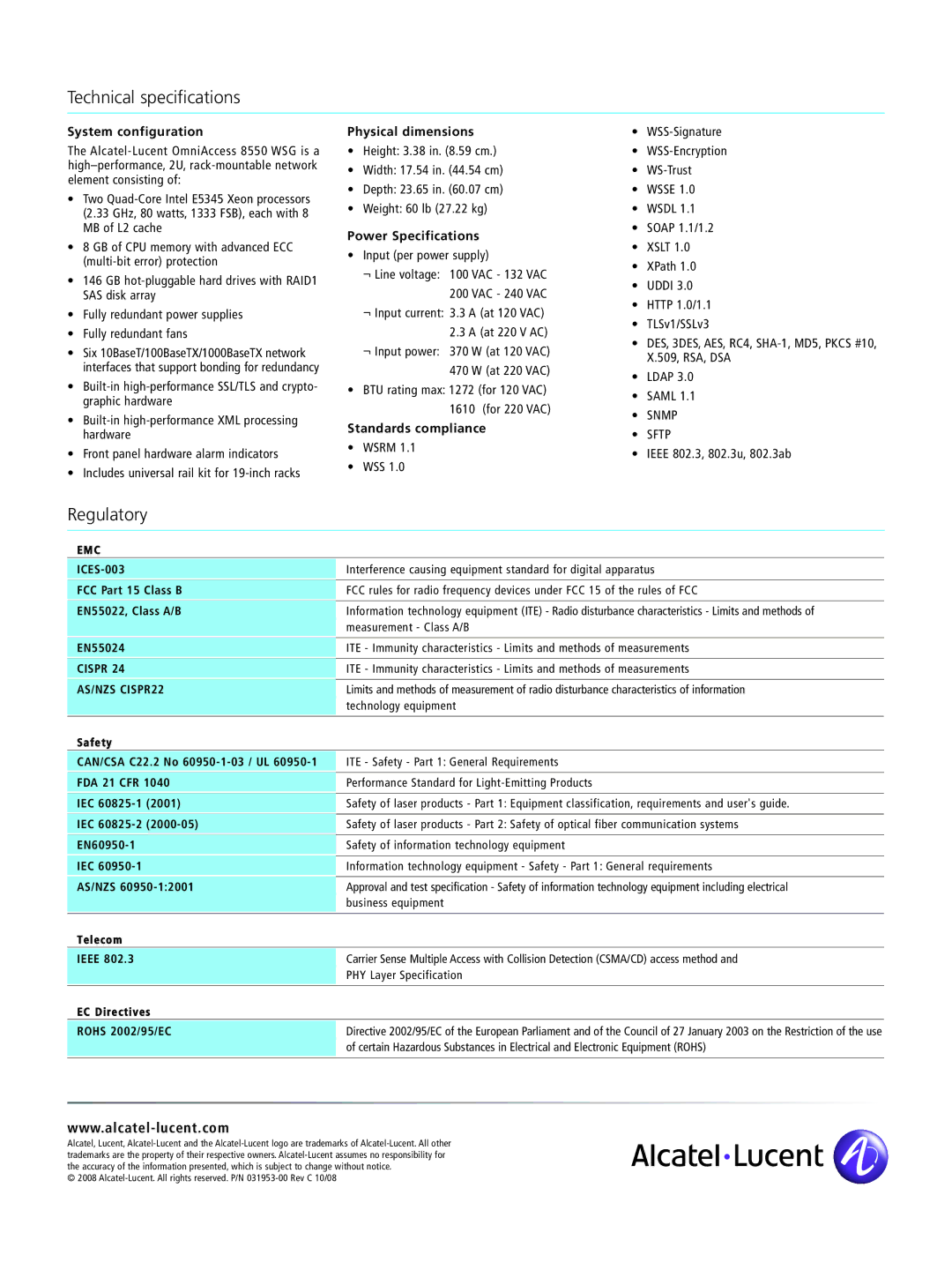 Alcatel Carrier Internetworking Solutions OmniAccess 8550 manual Technical speciﬁcations 