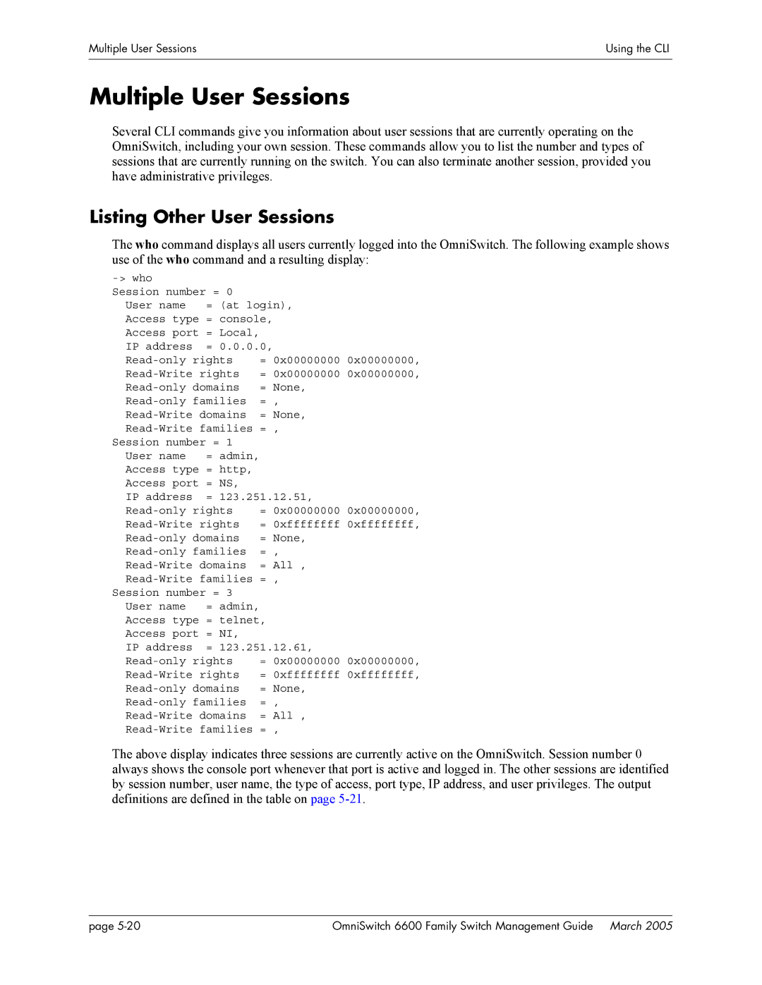 Alcatel Carrier Internetworking Solutions omniswitch manual Multiple User Sessions, Listing Other User Sessions 