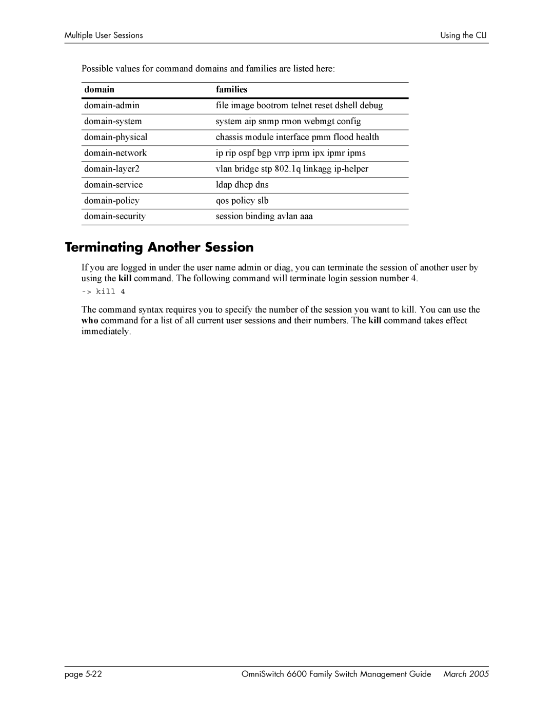 Alcatel Carrier Internetworking Solutions omniswitch manual Terminating Another Session, Domain Families 