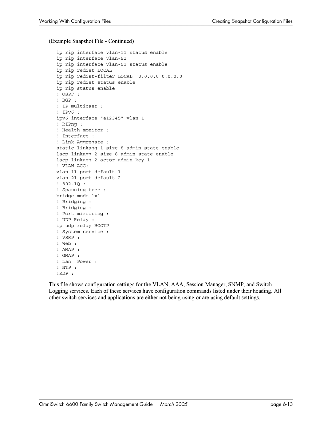 Alcatel Carrier Internetworking Solutions omniswitch manual Example Snapshot File, Vlan AGG 