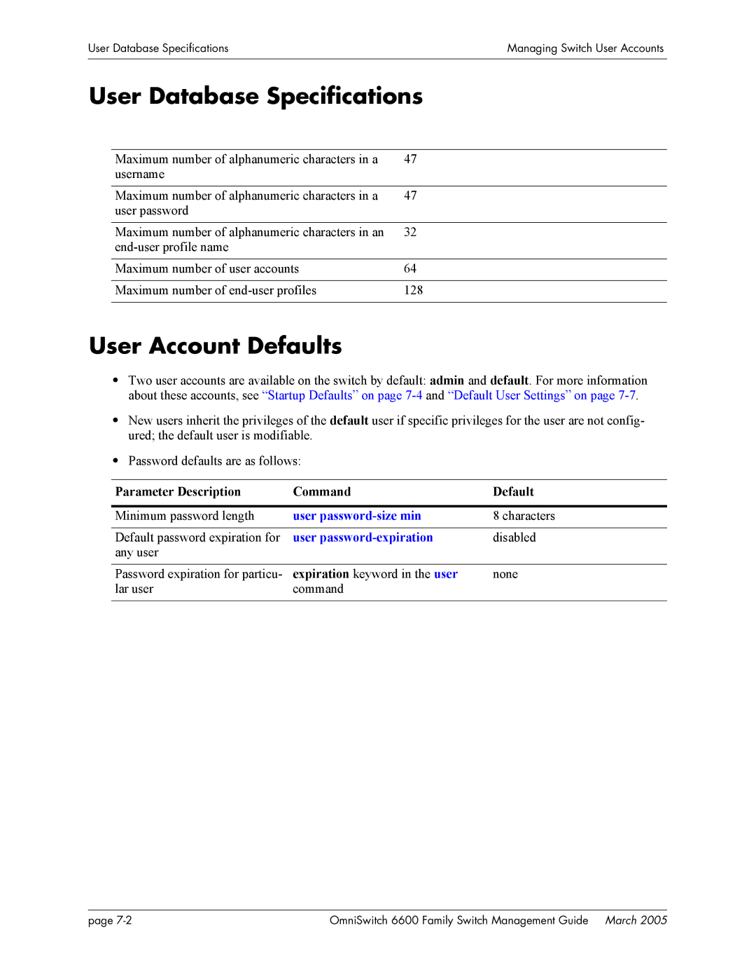 Alcatel Carrier Internetworking Solutions omniswitch manual User Database Specifications, User Account Defaults 