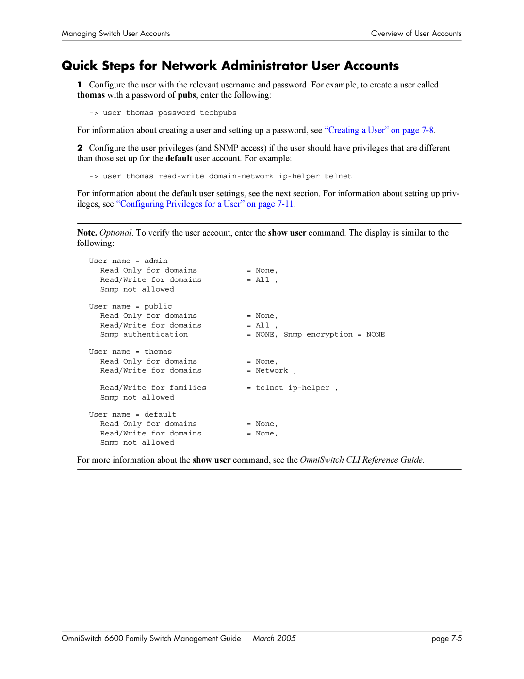 Alcatel Carrier Internetworking Solutions omniswitch manual Quick Steps for Network Administrator User Accounts 