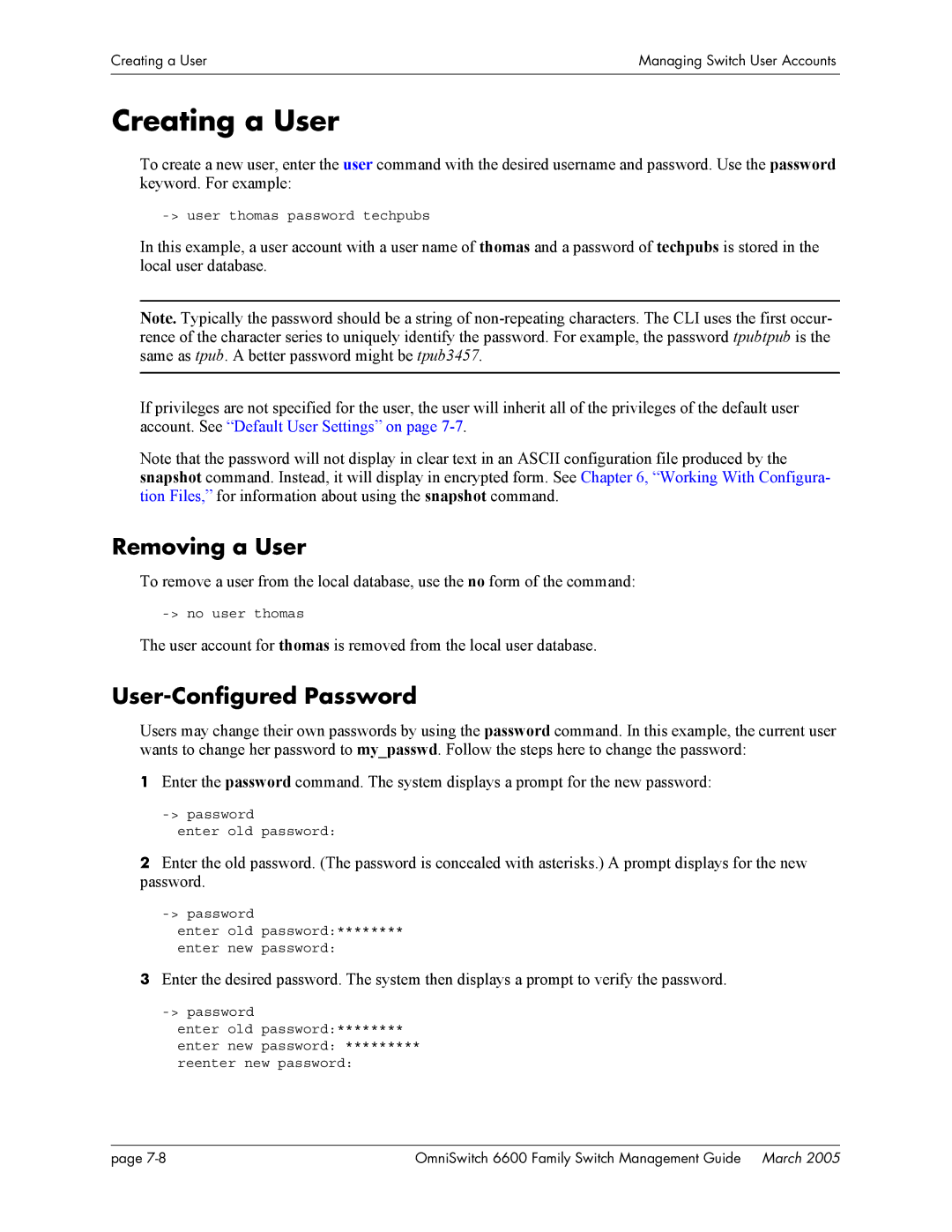 Alcatel Carrier Internetworking Solutions omniswitch manual Creating a User, Removing a User, User-Configured Password 