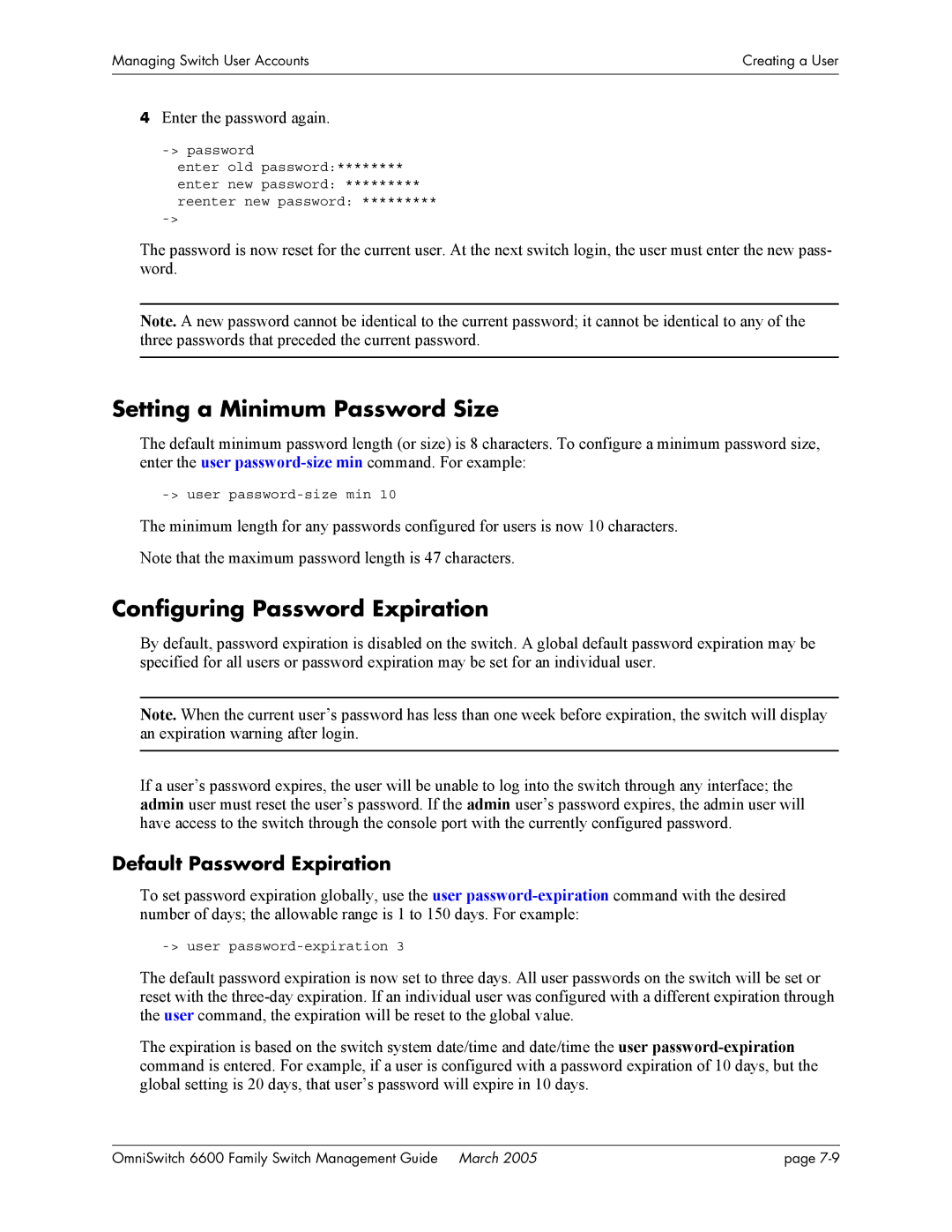 Alcatel Carrier Internetworking Solutions omniswitch Setting a Minimum Password Size, Configuring Password Expiration 