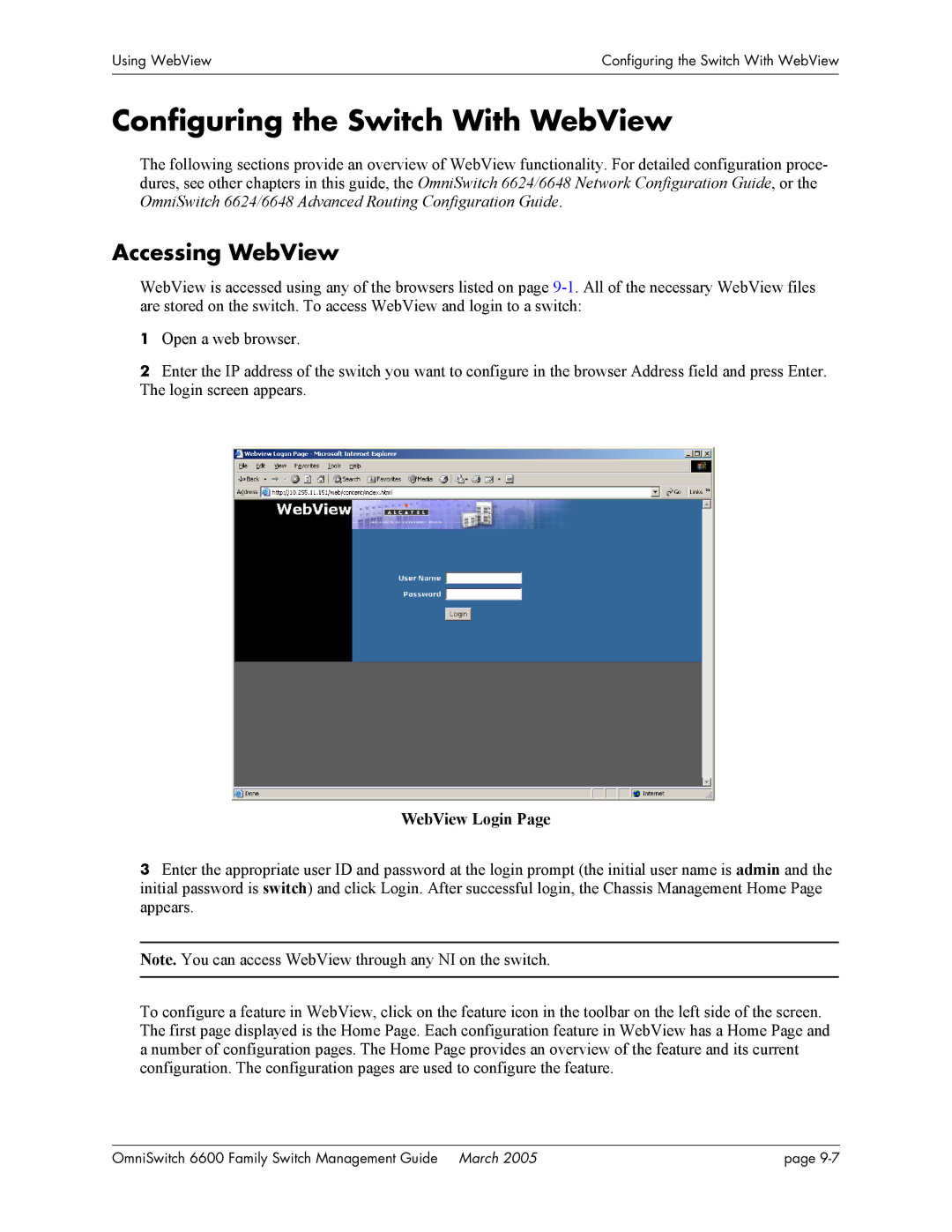 Alcatel Carrier Internetworking Solutions omniswitch Configuring the Switch With WebView, Accessing WebView, WebView Login 