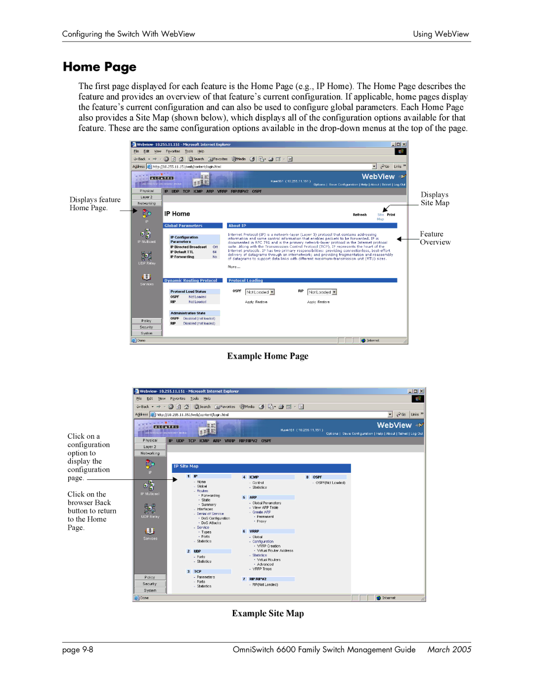 Alcatel Carrier Internetworking Solutions omniswitch manual Example Home, Example Site Map 